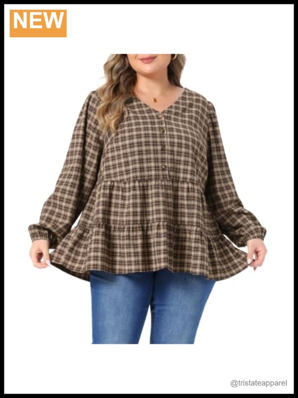 Plus Size Babydoll Top Gingham V Neck Long Sleeve Button Peplum Blouse